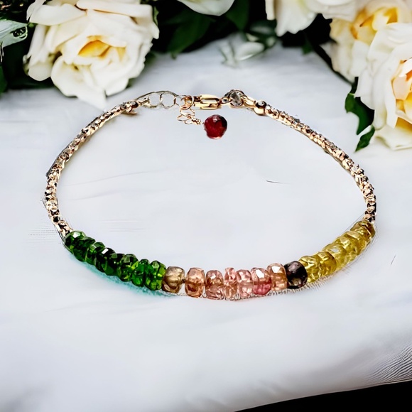 Natural Rainbow Tourmaline Bracelet Karen Hill Tribe Rose Gold Vermeil Beads - Picture 1 of 8